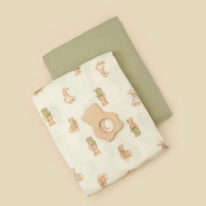 140 (Мс)-32 Пеленка "Муслин", 130х90см, 2шт/уп. светлый хаки (хаки+плюшевые друзья)